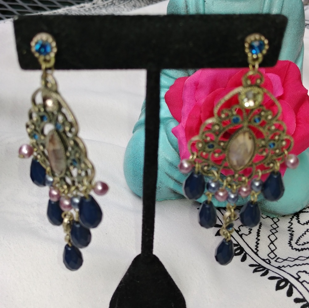 Silver Blue pink crystal bohemian gypsy earrings